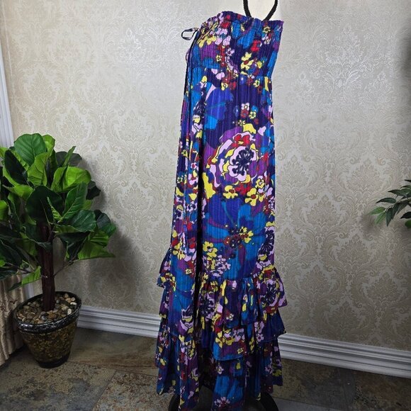 Next Size 6 Multi Color Floral Print Strapless Maxi Dress Smocked Bust with Tie - Picture 6 of 14